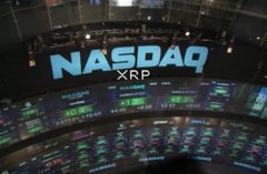 A digital display shows the NASDAQ logo with "XRP" text overlaid, featuring scrolling market data on a curved LED screen.