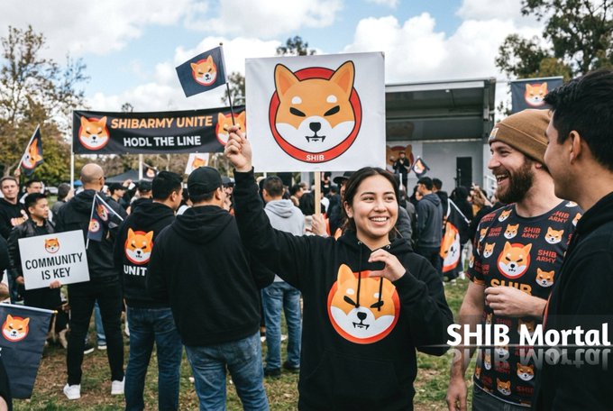 A crowd of people at an outdoor rally wearing black hoodies with the Shiba Inu dog logo, holding flags and signs including "SHIBARMY UNITE - HODL THE LINE" and "COMMUNITY IS KEY", with "SHiB Mortal" text in the corner.