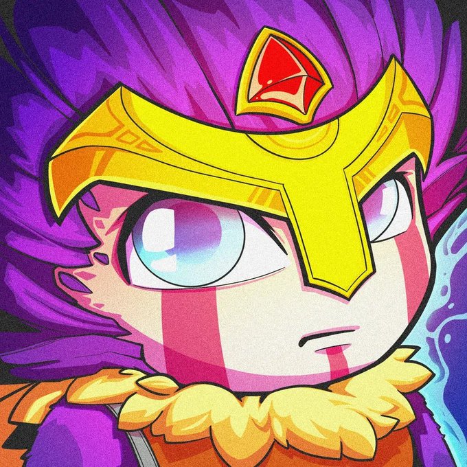 A stylized cartoon character with vibrant purple hair, a golden ornate crown featuring a red gem, and red facial markings stares intensely with large blue eyes, wearing a furry collar over orange and purple clothing. The image appears to be a chibi-style NFT artwork, directly illustrating the post's praise for ChogNFT's collection's exceptional art quality.