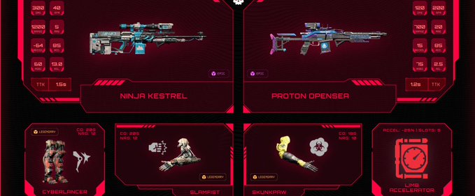 Red-themed in-game weapon and equipment inventory screen displaying items including 'NINJA KESTREL' and 'PROTON OPENSER' rifles, alongside gear labeled 'CYBERLANCER,' 'SLIMMIST,' 'SHARKPAW,' and 'LHR ACCELERATOR' with associated stat values.