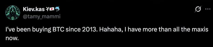 A tweet from @tamy_mammi reads: "I've been buying BTC since 2013. Hahaha, I have more than all the maxis now." This image illustrates the context, showing a Bitcoin holder boasting about their long-term BTC accumulation, which contrasts with the post's criticism of those who, despite buying BTC early, still don't understand it and promote $KAS instead.