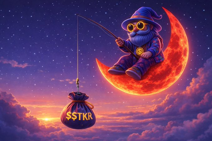 A digital illustration of a bearded wizard in a blue hat and goggles sitting on a red crescent moon, fishing with a line that dangles a bag labeled '$$TKR' over a cloudy sky.