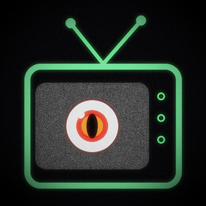 A digital illustration of a retro green-outlined television set on a black background, displaying a red and orange stylized eye on its static-filled screen.