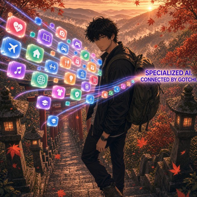 An anime-style character with a backpack stands on a stone path amid autumn foliage while colorful app icons stream from a portal, captioned 'SPECIALIZED AI. CONNECTED BY GOTCHA'.