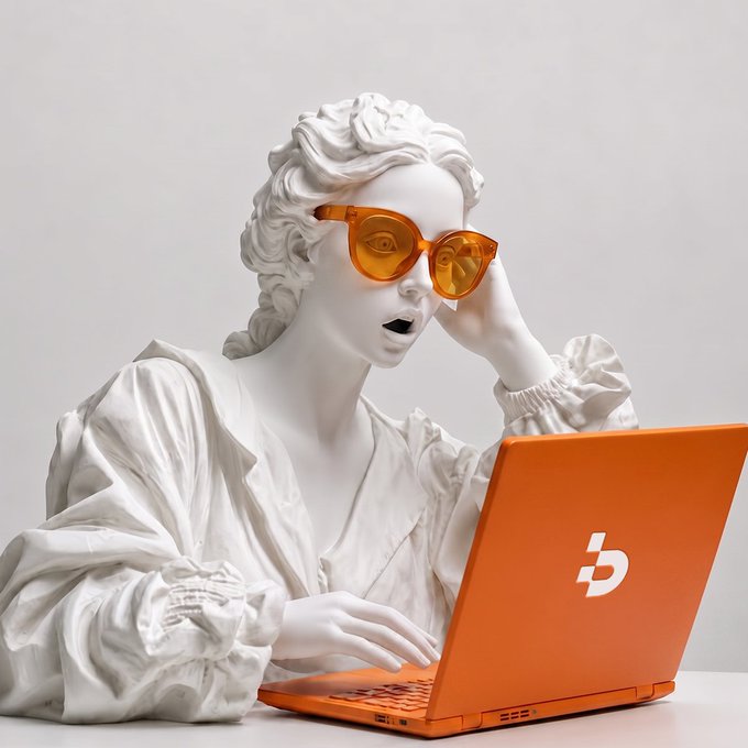 A classical white marble statue of a woman wearing orange sunglasses works on a bright orange laptop featuring a white logo.