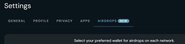 The image shows a Settings menu with tabs for General, Profile, Privacy, Apps, and Airdrops (marked NEW), with a prompt to "Select your preferred wallet for airdrops on each network." This aligns with the accompanying instruction to navigate to Matrica's Settings > Airdrops section to choose Robinhood as the preferred wallet for receiving airdrops.