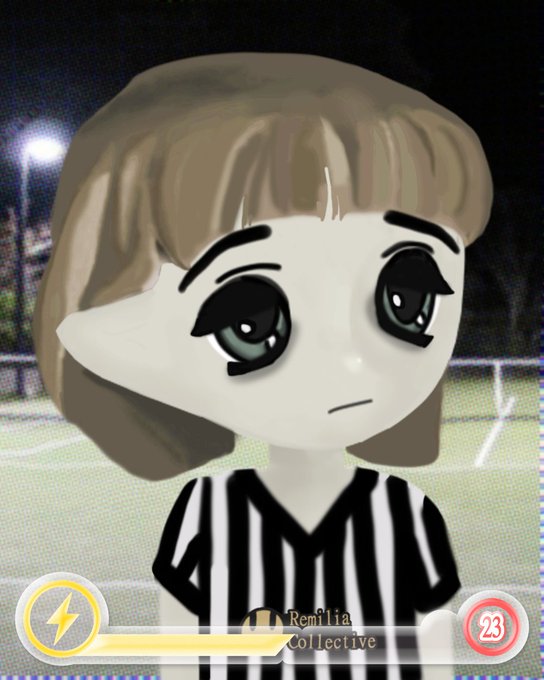 A 3D rendered avatar of a sad-looking girl with brown hair in a striped referee shirt on a soccer field background, with UI elements from a game called 'Renilia Collective'.