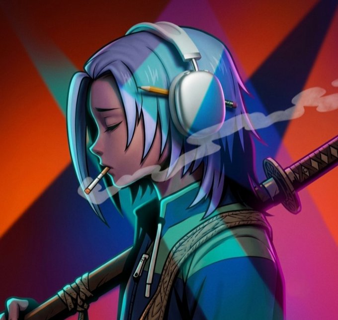 A digital illustration of a character with teal and white hair, wearing large headphones and a teal jacket, smoking a cigarette with a katana strapped to their back against a vibrant orange and pink background.