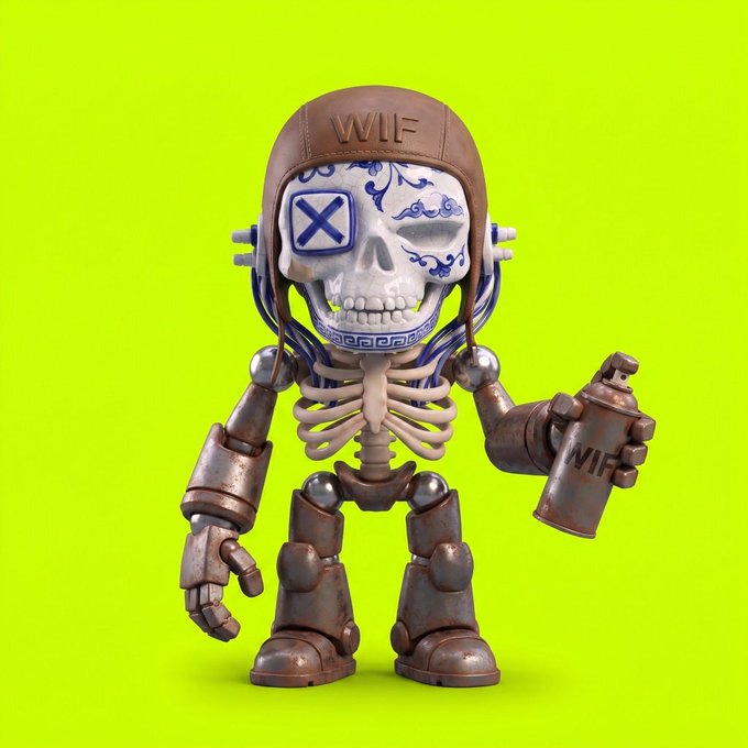 A 3D-rendered skeleton character wearing a brown helmet labeled 'WIF' and mechanical armor, holding a spray can marked 'WIF' against a bright neon green background, with an X over its right eye.