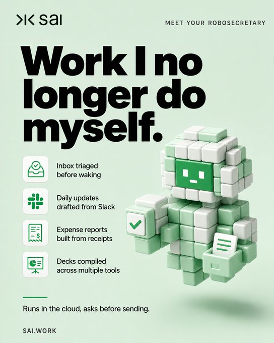 An advertisement for 'SAI' featuring a green and white robot made of blocks, with the tagline 'Work I no longer do myself' and listing features like 'Inbox triaged before waking' and 'Decks compiled across multiple tools.'