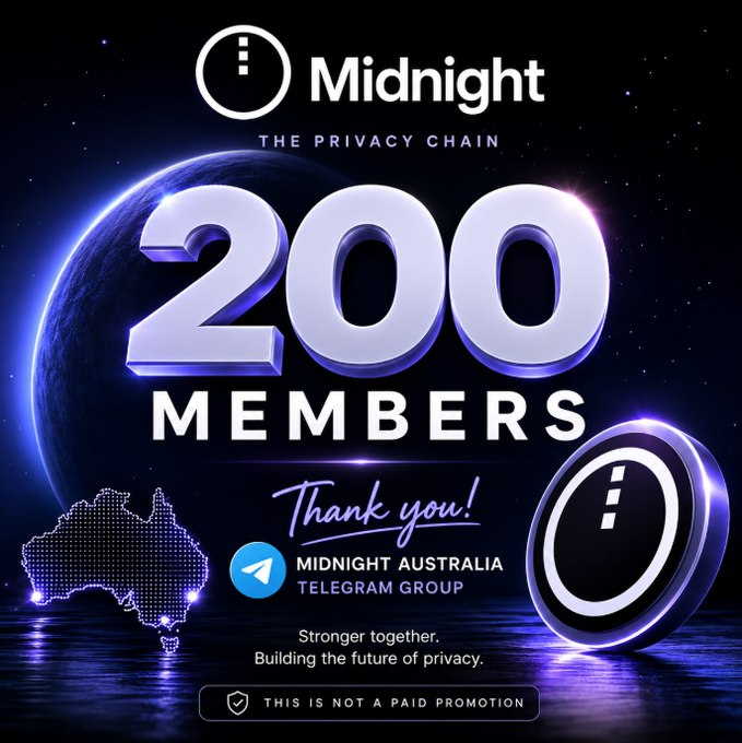 A celebratory graphic for 'Midnight - The Privacy Chain' reaching 200 members in the Midnight Australia Telegram Group, featuring an Australia map and coin imagery.