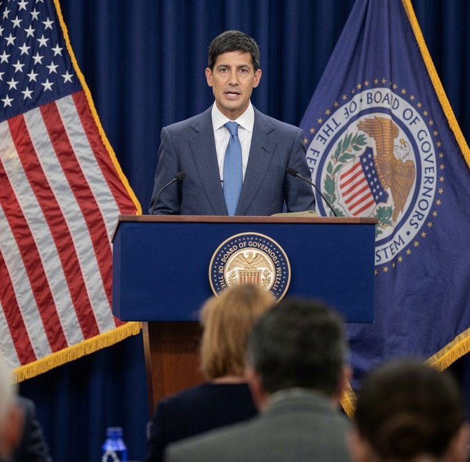A man in a blue suit stands at a podium bearing the Federal Reserve Board of Governors seal, flanked by an American flag and the Federal Reserve emblem. The image connects to the post by illustrating the Fed figure whose decisions will shape market reactions to the upcoming inflation data the post highlights.

Text visible: "THE BOARD OF GOVERNORS" and "THE FEDERAL RESERVE BOARD OF GOVERNORS"