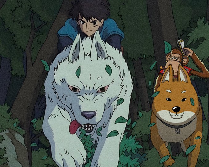 A dark-haired anime character rides atop a fierce white wolf through a forest, accompanied by a Shiba Inu dog wearing a hat and carrying what appears to be a rolled item, with no visible text or tickers in the image itself; the anime-style artwork thematically connects to the post's "BAYC" (Bored Ape Yacht Club) reference through its adventure-trio composition, though it notably lacks any actual ape imagery or branding.