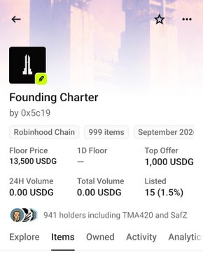 NFT marketplace listing for 'Founding Charter' by 0x5c19 on Robinhood Chain, showing a Floor Price of 13,500 USDG, 999 items, and 941 holders.