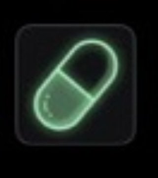 A glowing green pill/capsule icon displayed in a rounded square frame on a black background.