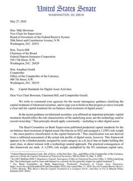 The image shows a letter from United States senators, written on a piece of white paper with blue text. The letter appears formal as it addresses a potential bill or resolution related to digital assets. It details that a large group of congressmen are fighting for the adoption of the Bitcoin cryptocurrency and are pushing against the implementation of an undue risk weight rule. This rule would limit banks' ability to hold Bitcoins, which is what has been happening in the market. The senators want to ensure that capital standards remain flexible enough to allow for digital asset trading and lending practices with cryptocurrencies like Bitcoin without putting any banks at a disadvantage or causing potential losses.
