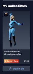 A screenshot from the VeVe digital collectibles app showing "My Collectibles" with an "Invisible Woman - Ultimate Animated" #925 item (marked as a "Super Rare" "Recent Rare") available for "View in 3D," likely the prize won from the giveaway mentioned in the post.