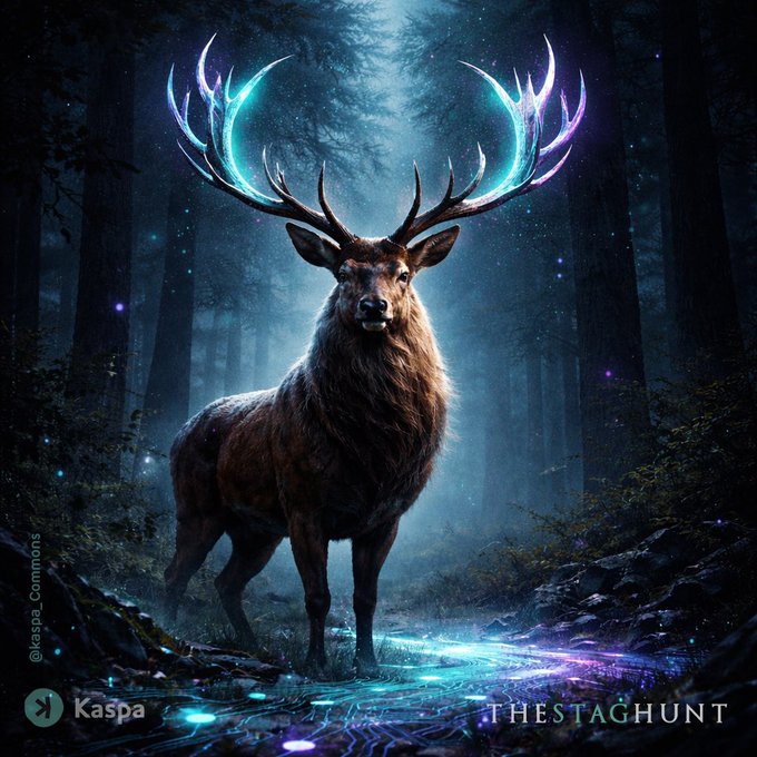 A digital artwork of a stag with glowing cyan and purple antlers standing in a misty forest, labeled 'THESTAGHUNT' and watermarked with Kaspa and @Kaspa_Commons.