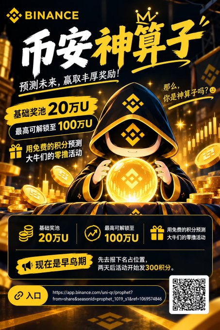 A promotional poster for Binance featuring a hooded character holding a glowing coin, with Chinese text including '币安神算子', advertising a prediction game with a 200,000 U prize pool.