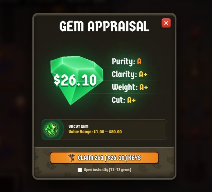A "GEM APPRAISAL" screen showing a green gem valued at $26.10 with Purity A, Clarity A+, Weight A+, and Cut A+ ratings, offering the option to "CLAIM 261 ($26.10) KEYS."