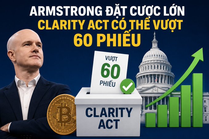 A promotional image in Vietnamese about 'ARMSTRONG ĐẶT CƯỢC LỚN CLARITY ACT CÓ THỂ VƯỢT 60 PHIẾU' featuring Brian Armstrong and Bitcoin imagery alongside the US Capitol.