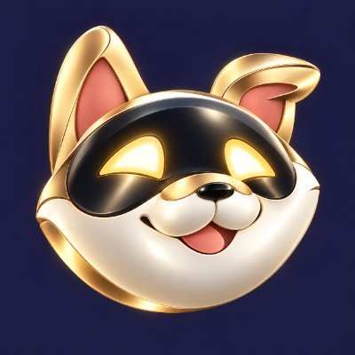A glossy, 3D-rendered metallic emoji-style icon of a smiling dog's face wearing a black superhero-style mask with glowing yellow eyes, set against a dark blue background.