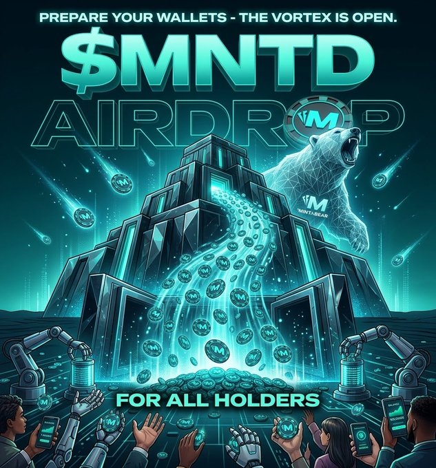 A cryptocurrency airdrop advertisement for '$MNTD' features the tagline 'PREPARE YOUR WALLETS - THE VORTEX IS OPEN' and 'FOR ALL HOLDERS,' depicting a pixelated bear, a pyramid structure with cascading MNTD coins, and robotic arms interacting with digital devices.
