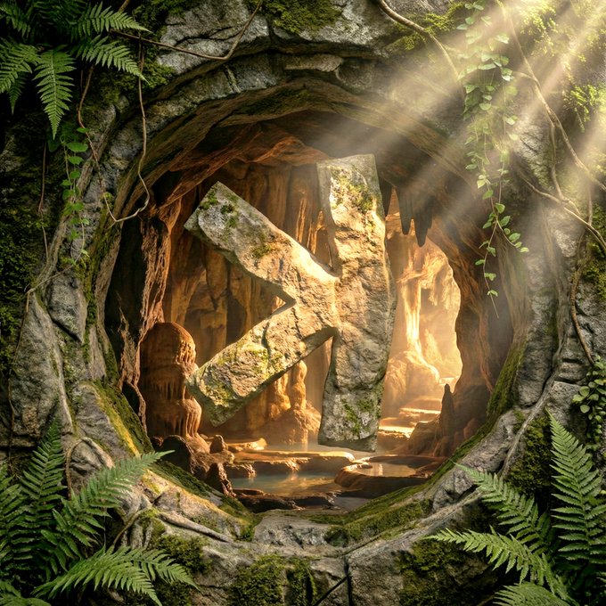 An artistic image of a large stone letter 'K' standing inside a mossy cave entrance, with sunlight streaming through fern-framed rocks.