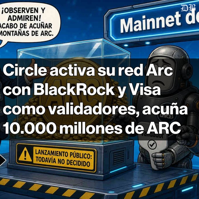 Cartoon illustration showing an astronaut-like figure next to a glass display case containing a pile of gold coins with 'ARC' branding, with text overlay in Spanish announcing 'Circle activa su red Arc con BlackRock y Visa como validadores, acuña 10.000 millones de ARC' and a 'Mainnet' banner.