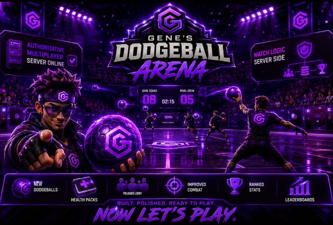 Promotional artwork for 'Gene's Dodgeball Arena' featuring a purple neon-lit stadium, dodgeball players, and feature callouts including 'New Dodgeballs,' 'Health Packs,' 'Improved Combat,' 'Ranked Stats,' and 'Leaderboards.'