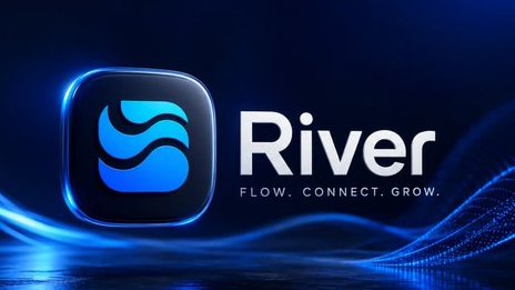 The image shows a sleek promotional graphic featuring the "River" logo with its stylized blue wave icon on a dark blue background, accompanied by the tagline "FLOW. CONNECT. GROW." This branding aligns with the post's focus on the River ecosystem, as the post highlights staking $RIVER, farming satUSD yield, and engaging with @RiverdotInc and @River4fun—reflecting the "flow" and "grow" themes emphasized in the image's tagline.