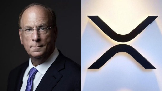 A split image showing a portrait of a man in a suit on the left and the XRP logo on the right, illustrating the news about BlackRock's potential $XRP ETF gaining momentum.