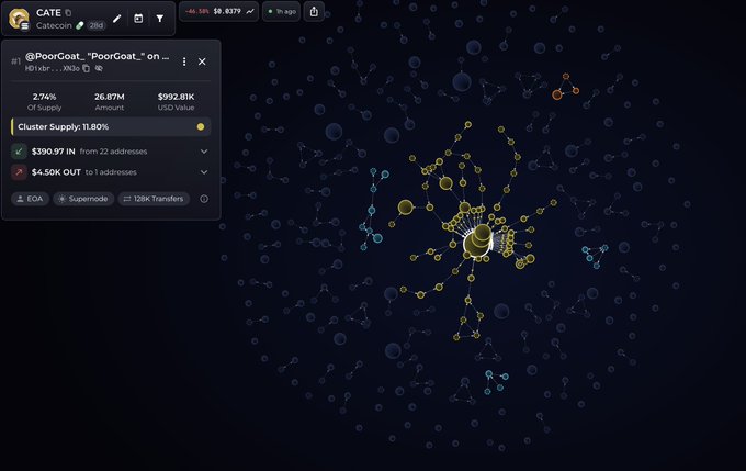 A screenshot displays cryptocurrency tracking data for 'CATE' token, showing '2.74% Of Supply' and '26.87M Amount', with a network visualization graph showing 'Cluster Supply: 11.80%' against a dark background.
