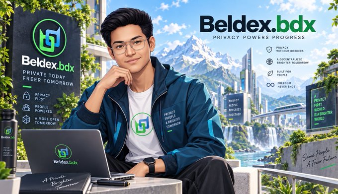 A promotional graphic for 'Beldex.bdx' showing a young man with glasses using a laptop, with the tagline 'PRIVACY POWERS PROGRESS' and 'PRIVATE TODAY FREER TOMORROW'.