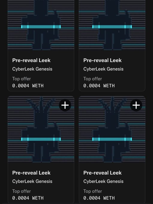 The image shows four "Pre-reveal Leek" NFTs from the "CyberLeek Genesis" collection, each with a top offer of 0.0004 WETH, featuring pixelated leek character designs on dark backgrounds with horizontal blue scan lines. The screenshot illustrates the low-value mints the user was copying, highlighting the modest starting point of their crypto trading journey as mentioned in their post about hitting their first "cook."