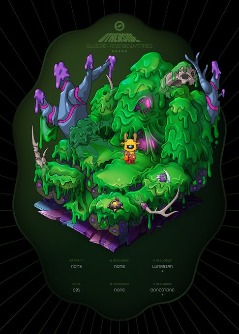 A digital illustration shows a small yellow character surrounded by glowing green slime with an eye, accompanied by text labels including 'MINOS', 'SLUDGE - RAINDOW ATMOS', and resource names like 'NONB' and 'LUNARTAN'.