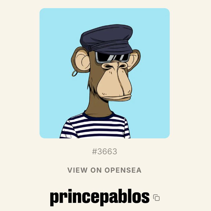 The image features a cartoon monkey wearing sunglasses, a hat, and a striped shirt with the number "3663" written on it. The monkey appears to be posing for a picture or participating in an event related to Princecipation Blos. The caption of the image reads "Gm, gm. Incase you missed it. BAYC is up almost one and a half eth overnight. Monkeys in control of the bear market." This suggests that the monkey might be involved in some sort of social media or online event related to Princecipation Blos, possibly as part of a trend or challenge involving the number "3663".