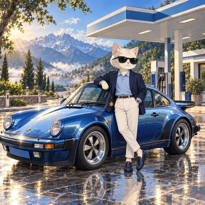A digital illustration of a cat-headed character wearing sunglasses, a blue blazer, and cream pants, leaning against a blue classic Porsche at a gas station with mountains in the background.