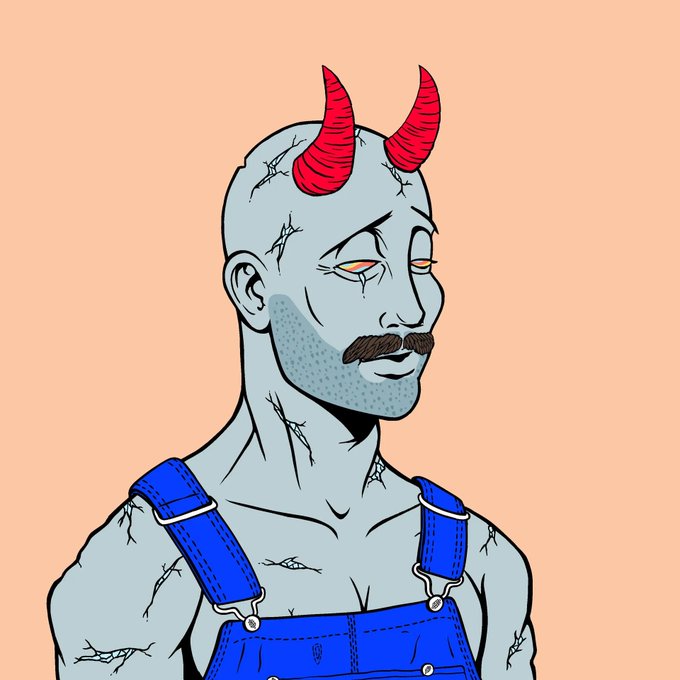 A digital illustration of a gray-skinned demon-like character with red horns, a mustache, and blue overalls against a peach background.
