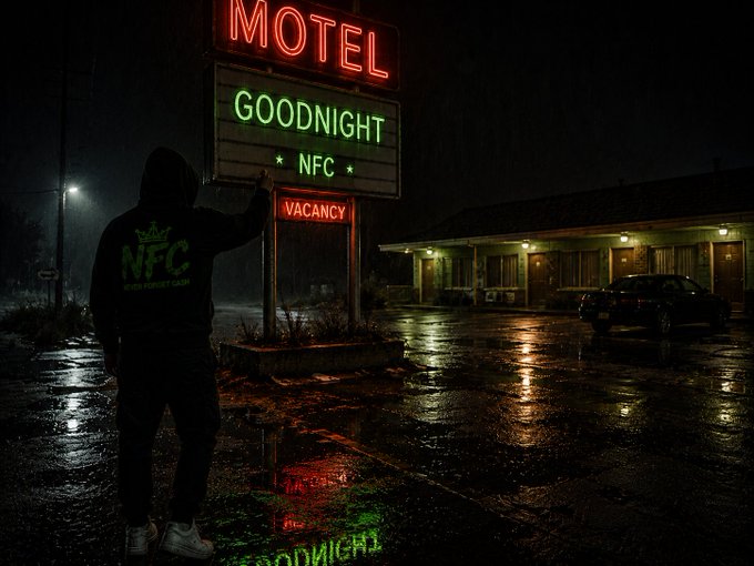 A dark, rainy night scene of a 'GOODNIGHT' motel with a red 'MOTEL' sign and red 'VACANCY' sign, while a hooded figure wearing a green 'NFC NEVER FORGET CREW' hoodie stands in the foreground.