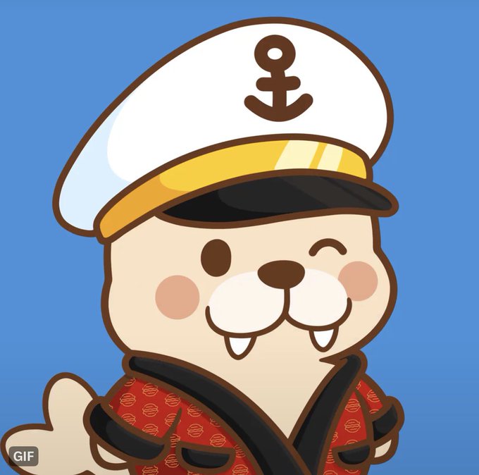 An animated cartoon walrus or seal character wearing a white sailor hat with an anchor emblem and a red patterned robe, set against a blue background.