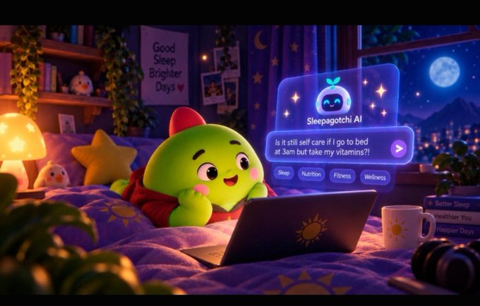 A cute green cartoon character in a red hoodie uses a laptop in a cozy, starry night bedroom setting, interacting with 'Sleepagotchi AI' which asks 'Is it still self care if I go to bed at 3am but take my vitamins?'