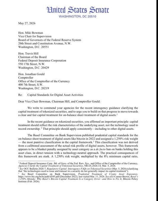 The image shows a letter written by two Senators, Cynthia Lummis and Dan Sullivan, addressed to the Federal Deposit Insurance Corporation (FDIC) and the Office of the Comptroller of the Currency (OCC). The senators are urging the regulators to reconsider the Basel framework's treatment of Bitcoin and digital assets. They argue that the current framework does not adequately address these new forms of currency and that a more flexible approach is necessary to ensure financial stability and innovation in the banking system.