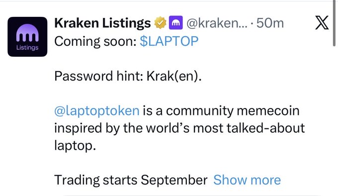 A tweet from 'Kraken Listings' (@kraken...) announcing 'Coming soon: $LAPTOP' and describing @Laptoptoken as a community memecoin inspired by a laptop.