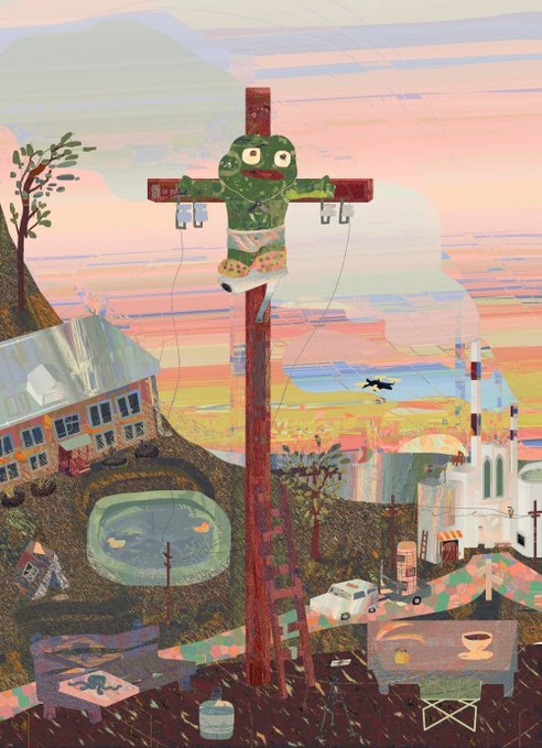 A colorful naive-style painting depicting a green figure crucified on a telephone pole, with a landscape including houses, a church, a pond, and a sunset sky.