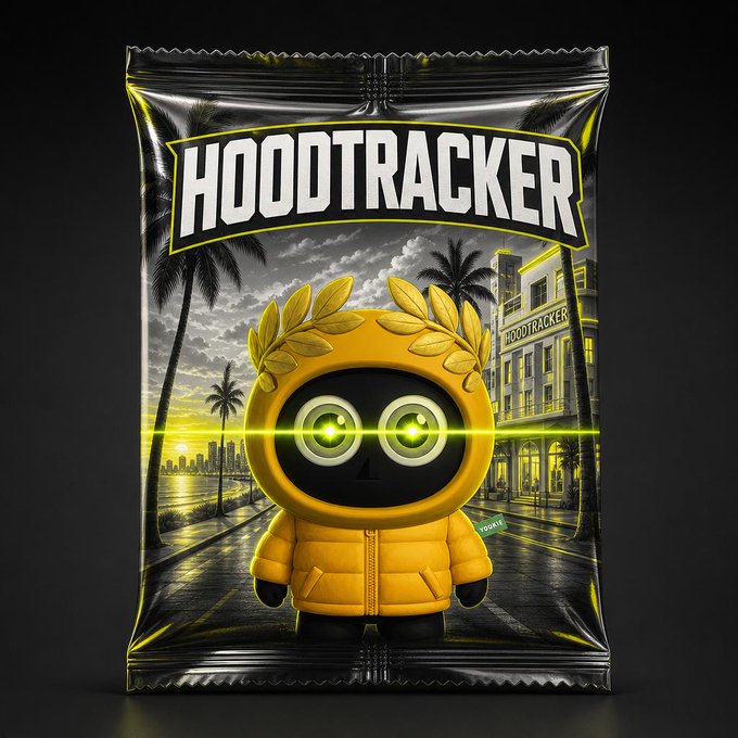 A graphic design of a black snack bag with yellow accents featuring a cartoon character in a hoodie and laurel wreath with glowing green eyes, branded 'HOODTRACKER' above a city scene.