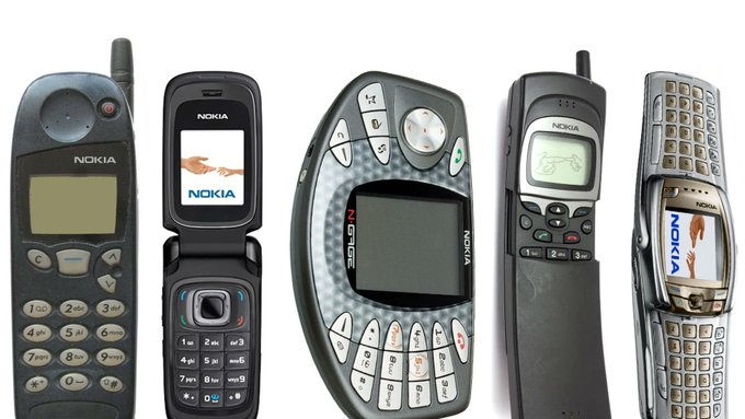 Five vintage Nokia mobile phones are displayed side by side, including models with visible "NOKIA" branding such as the "NGAGE" gaming phone and various candy bar and flip designs.

The image relates to the post by evoking nostalgia for early 2000s technology, mirroring the speaker's reflection on how much the crypto ecosystem has evolved over the past decade—just as these old Nokia phones represent an outdated era of mobile communication compared to today's smartphones.