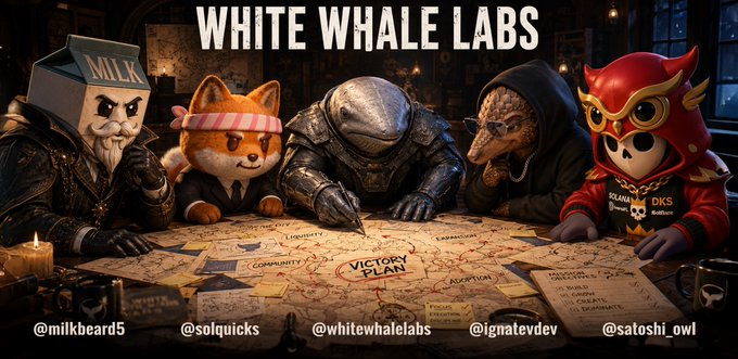 A group of five characters—including a milk carton mascot, a Shiba Inu, a knight in armor, an aardvark-like figure, and a red owl—gather around a table featuring a "Victory Plan" map, representing the White Whale Labs team (@milkbeard5, @solquicks, @whitewhalelabs, @ignatevdev, @satoshi_owl), a web3 think tank dedicated to innovation and conversation.