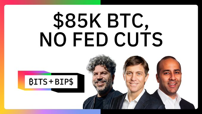 Podcast thumbnail titled '$85K BTC, NO FED CUTS' from 'BITS+BIPS' featuring three men.