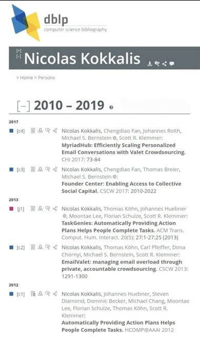 The image shows a DBLP (Computer Science Bibliography) page for Nicolas Kokkalis, listing his academic publications from 2010-2019, including papers like "TaskGenies: Automatically Providing Action Plans Helps People Complete Tasks" (2013) and "Automatically Providing Action Plans Helps People Complete Tasks" (2012). 

The page relates to the post by documenting Nicolas Kokkalis's early academic research at Stanford University before Pi Network's official launch, showing his work on crowdsourcing and action planning systems that preceded his later blockchain venture.